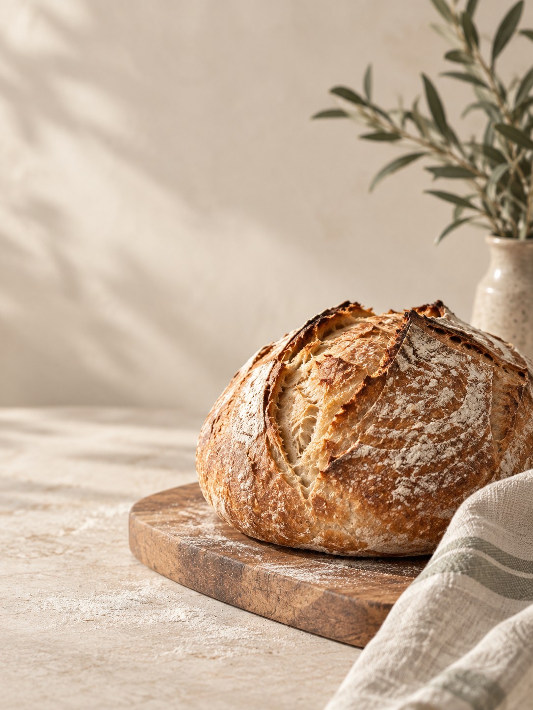 Handcrafted sourdough loaf in warm natural light
